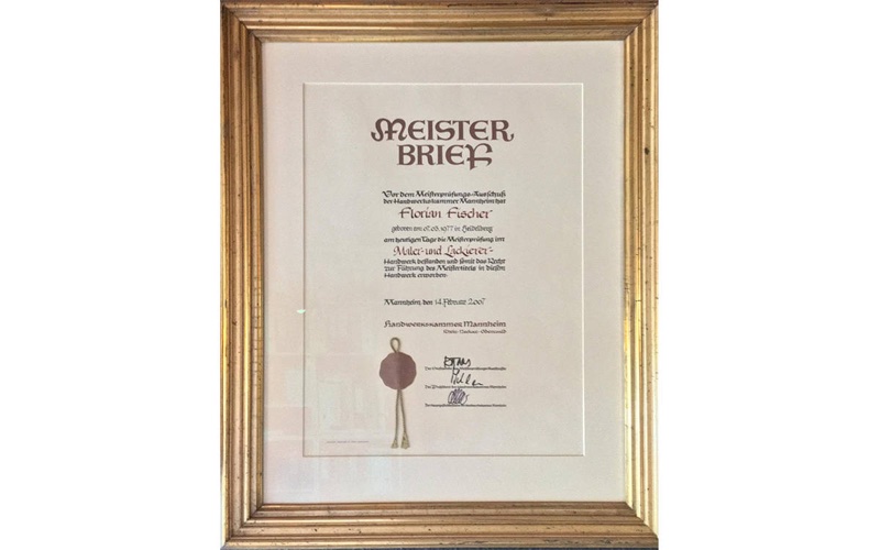 Meisterbrief von Florian Fischer, Malermeister Fischer